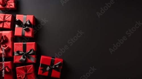 Red gift boxes are tied with a black ribbon on a black background, a symbol of promotions and sales. Holiday shopping, discounts and offers. Copy space. Boxing Day