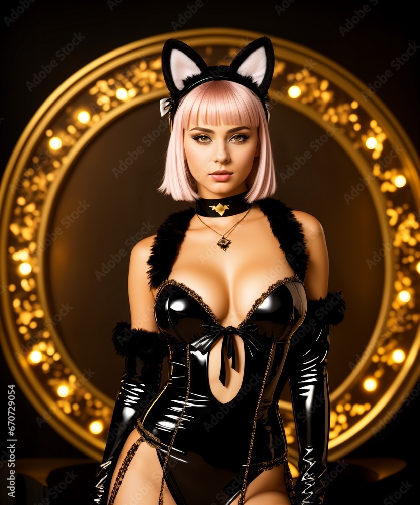 Sexy blonde woman in a black corset and a cat mask.
