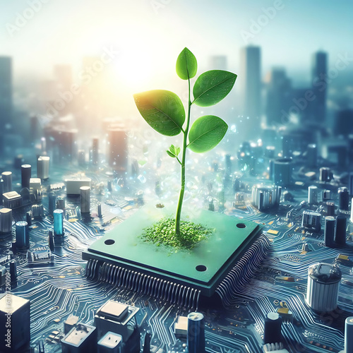 concept of nature emerging from a computer chip, signifying new life and an eco-friendly concept that combines technology with the natural world. photo