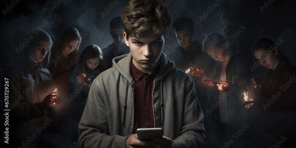 Online kids safety illustration with teenage boy, surrounded by dark figures, looking at their phones Online kids safety illustration with teenage boy, surrounded by dark figures, looking at their phones