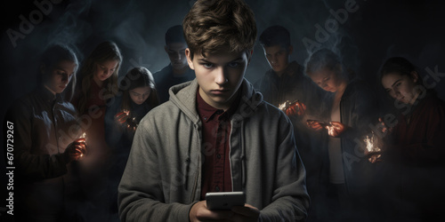 Online kids safety illustration with teenage boy, surrounded by dark figures, looking at their phones 