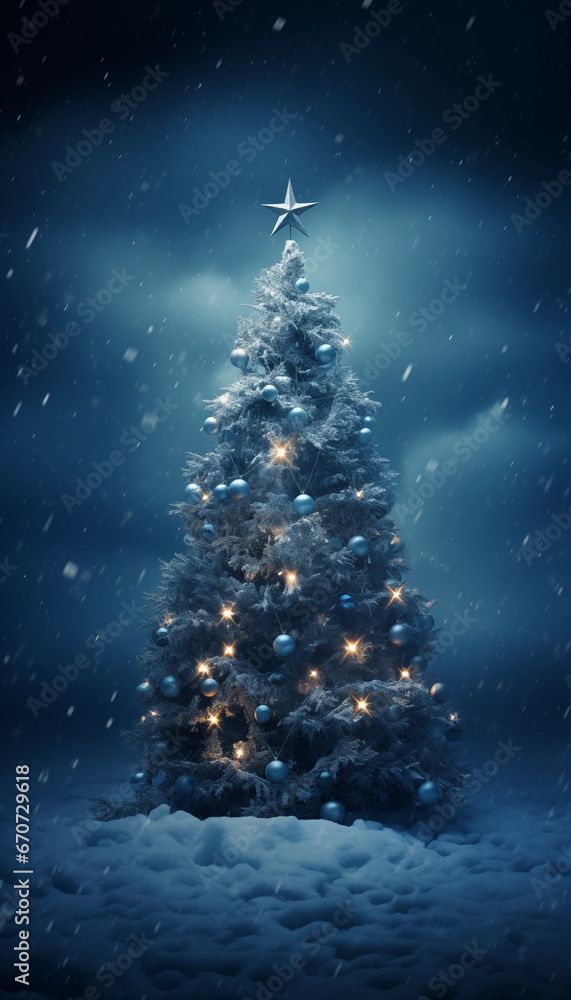 Weihnachtsbaum geschmückt im Außenbereich mit viel Schnee