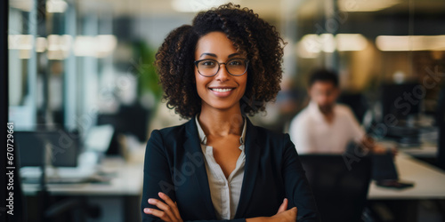Glamorous black female boss with shoulder length hair and glasses, smiling in office environment photo