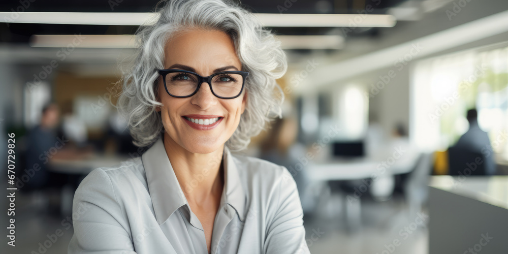 Stylish grey haired woman in office environment, looking confident Stylish grey haired woman in office environment, looking confident