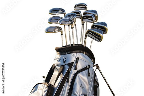 Golf gear assortment in a portable bag isolated on transparent background, Generative Ai
