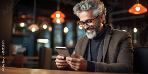 Man with grey hair and beard, laughing, looking at mobile telephone