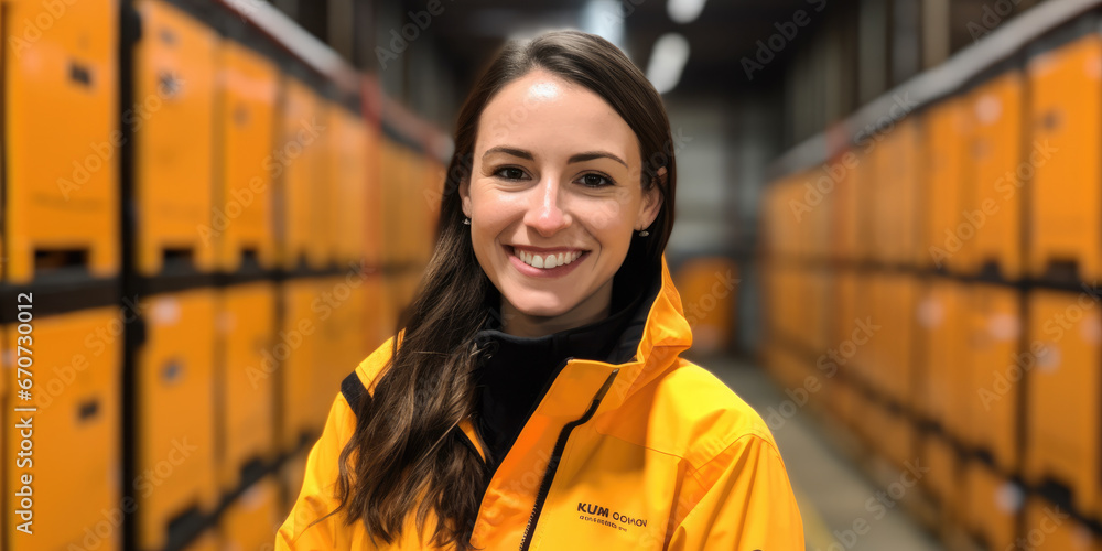 Smiling woman, in bright, high viz jacket, working in container, ship, yard store Smiling woman, in bright, high viz jacket, working in container, ship, yard store