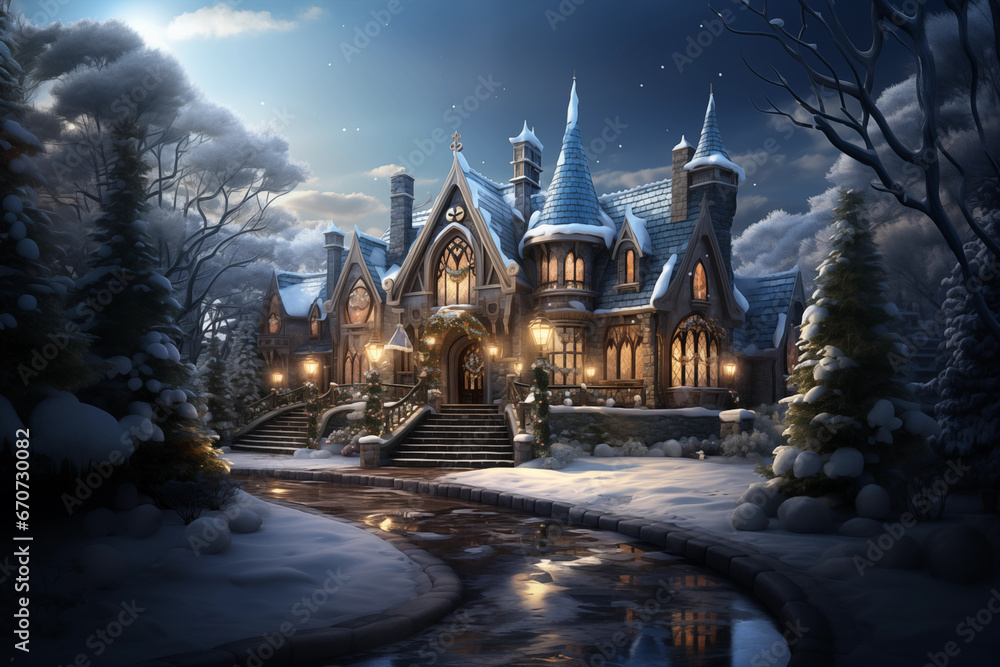 Snow Covered Manor House Christmas Card Style Scene Snow Covered Manor House Christmas Card Style Scene