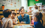 Group of school toddlers playing inside a kindergarten classroom with a woman teacher