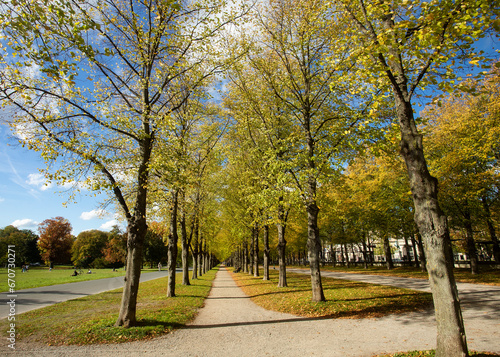 Hannover, Germany - October 16, 2022. Herrenhausen beautiful tree lined avenue during the fall season