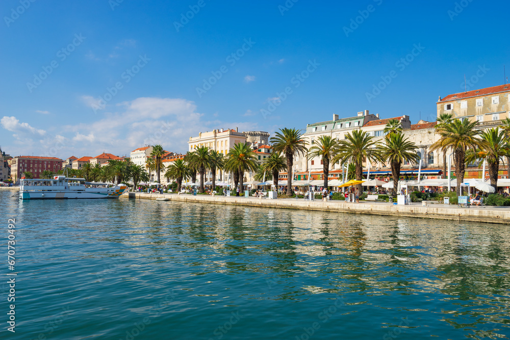 Riva promenade and skyline of Diocletian palace in Split. Croatia