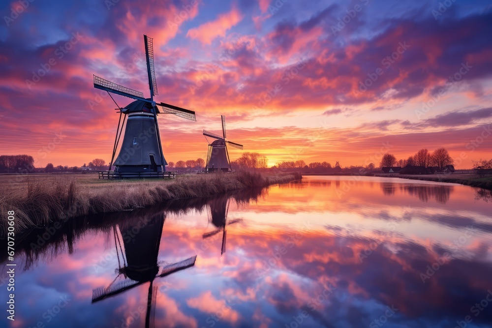 Windmills in Kinderdijk at sunset The Netherlands - obrazy, fototapety, plakaty 