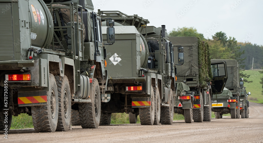 convoy of British army M.A.N. HX58 unit support tankers in action on a military exercise. Wilts UK