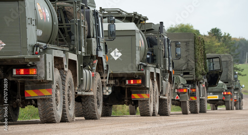 convoy of British army M.A.N. HX58 unit support tankers in action on a military exercise. Wilts UK