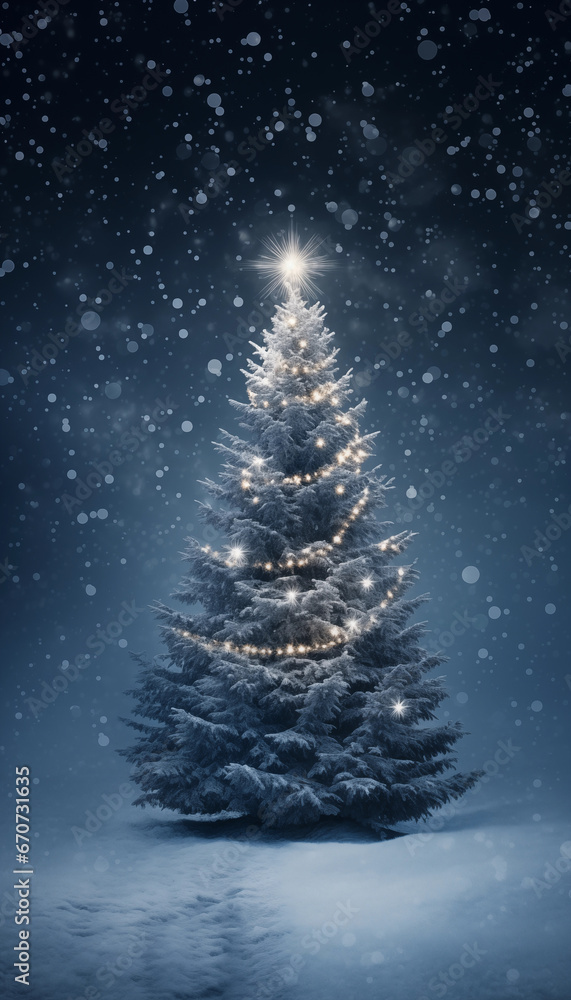 Weihnachtsbaum geschmückt im Außenbereich mit viel Schnee in der Nacht