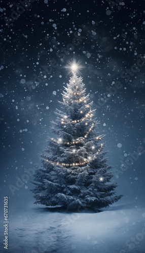 Weihnachtsbaum geschmückt im Außenbereich mit viel Schnee in der Nacht