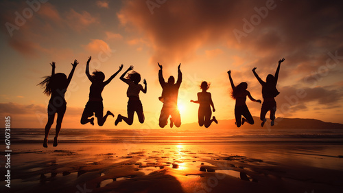 group of happy young friends dancing on beach at sunset