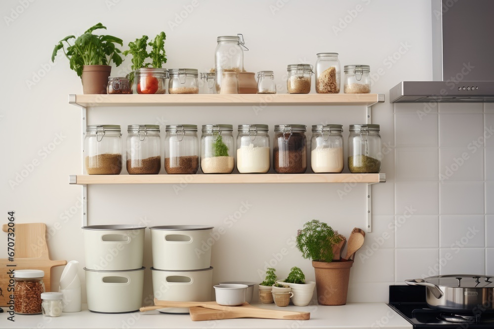 bright kitchen with shelves and storage space. Storage of food in the kitchen in pantry bright kitchen with shelves and storage space. Storage of food in the kitchen in pantry