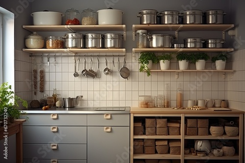 bright kitchen with shelves and storage space. Storage of food in the kitchen in pantry