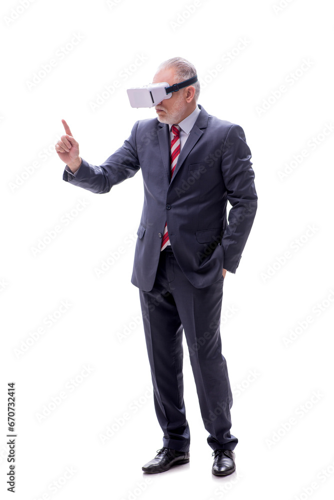 Old businessman wearing virtual glasses isolated on white Old businessman wearing virtual glasses isolated on white