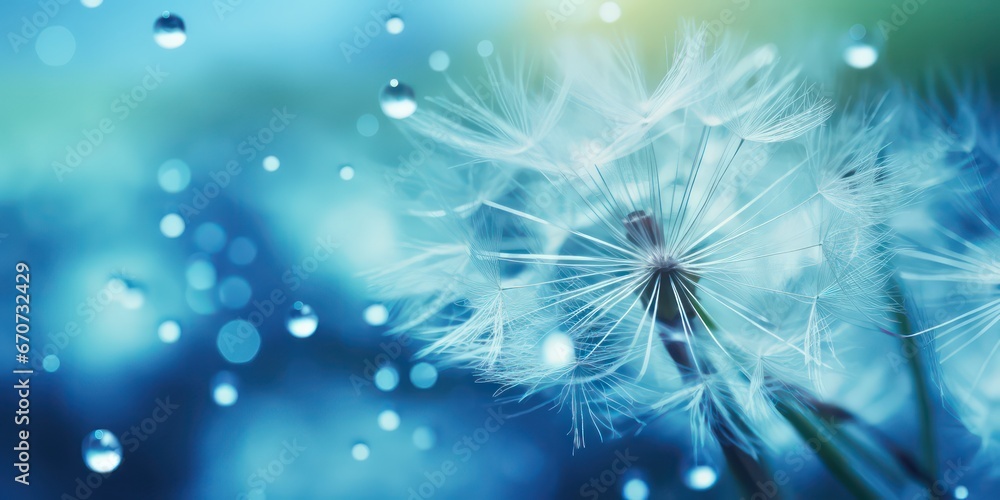 Naklejka premium Dandelion Seeds in the drops of dew on a beautiful blurred background. Dandelions on a beautiful blue background. High Quality Image