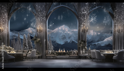 sehr große luxuriöse Lodge in den Bergen mit großen Fenstern bei Nacht mit weihnachtlicher Dekoration