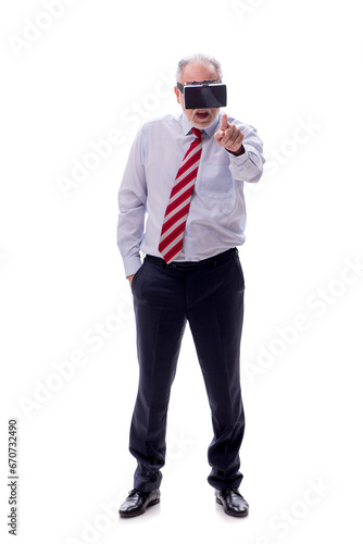 Old businessman wearing virtual glasses isolated on white