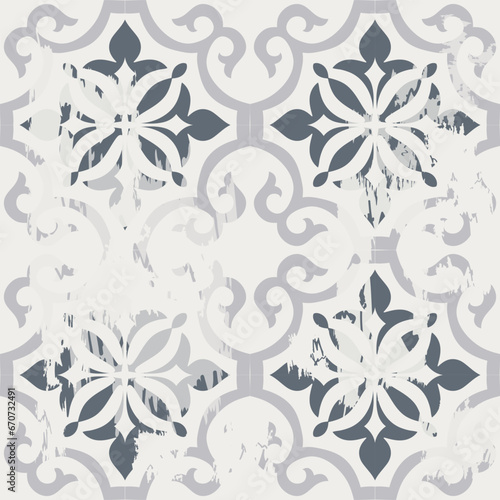 Seamless Azulejo tile with an effect of attrition. Portuguese and Spain decor. Ceramic tile. Seamless Victorian pattern. Vector hand drawn illustration, typical portuguese and spanish tile