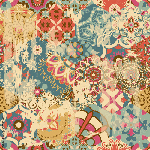 Traditional Oriental pattern, vector illustration. Ornament in retro colors. Seamless colorful floral hand drawn pattern with an effect of attrition. 