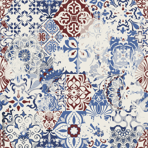 Seamless Azulejo tile with an effect of attrition. Portuguese and Spain decor. Ceramic tile. Seamless Victorian pattern. Vector hand drawn illustration, typical portuguese and spanish tile