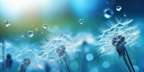 Dandelion Seeds in the drops of dew on a beautiful blurred background. Dandelions on a beautiful blue background. High Quality Image