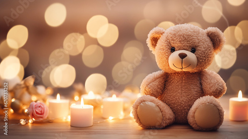 Cute teddy bear on the sofa next to candles. Generative Ai.