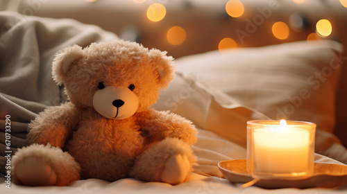Cute teddy bear on the sofa next to candle. Generative Ai. © LeveL4