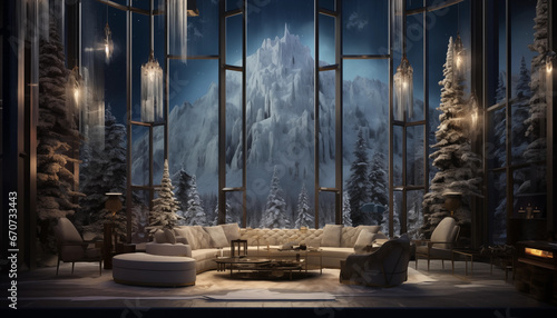 sehr große luxuriöse Lodge in den Bergen mit großen Fenstern bei Nacht mit weihnachtlicher Dekoration