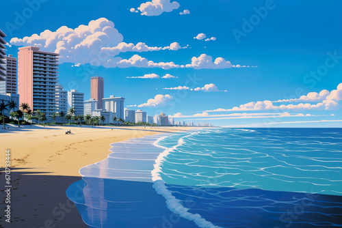 Retro 80s minimalist beach city, miami, vice city, landscape with ocean