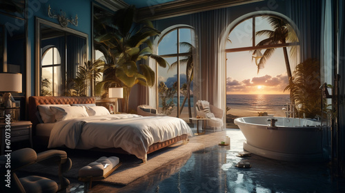 Luxury hotel room on paradise island beach at the ocean. Vacation in Bahamas. photo