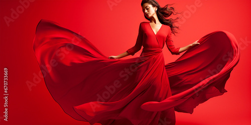 woman in long red dress dancing on red background photo