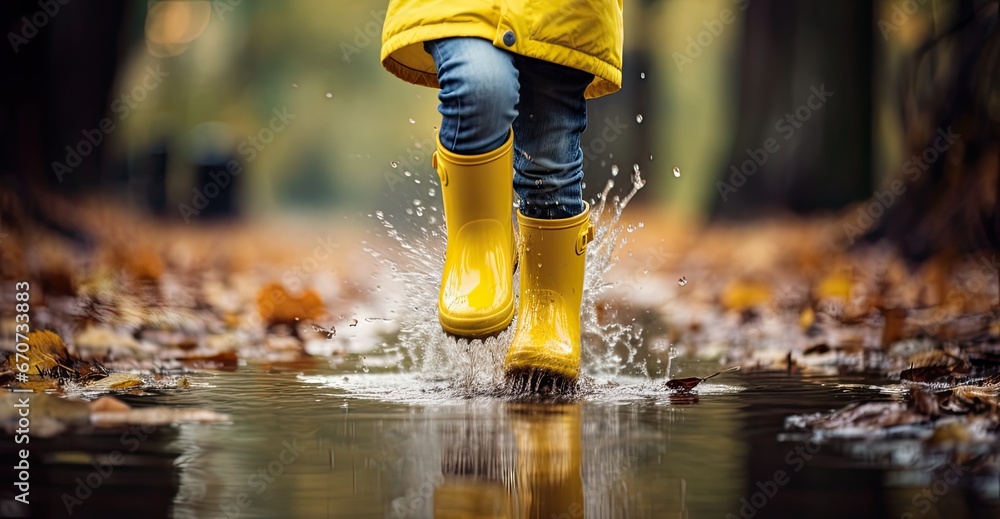 a child as they wear yellow rubber boots and gleefully jump over a puddle in the rain, the child's legs in mid-air to emphasize the moment. a child as they wear yellow rubber boots and gleefully jump over a puddle in the rain, the child's legs in mid-air to emphasize the moment.