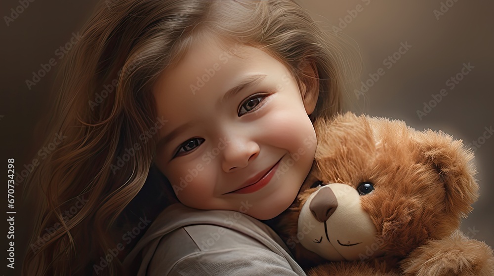 a little child girl, brimming with happiness, hugging her cherished teddy bear. The scene set against a simple light background to emphasize the purity of the moment. a little child girl, brimming with happiness, hugging her cherished teddy bear. The scene set against a simple light background to emphasize the purity of the moment.
