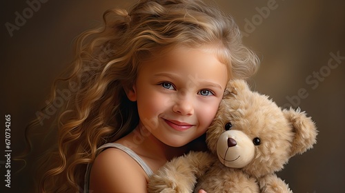 a little child girl, brimming with happiness, hugging her cherished teddy bear. The scene set against a simple light background to emphasize the purity of the moment.