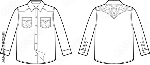 Technical design of detailed shirt with embroidery on the yoke and filigree on the pockets country fashion wild west style.