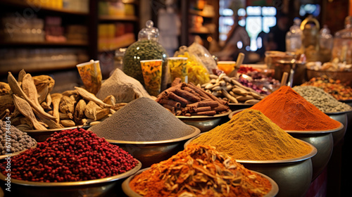 Colorful spices and dyes found at asian or african market photo