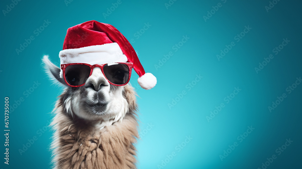 llama with a Christmas hat on a blue background - obrazy, fototapety, plakaty 