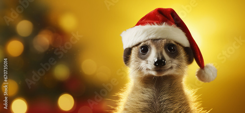meerkat with a Christmas hat on a yellow background photo