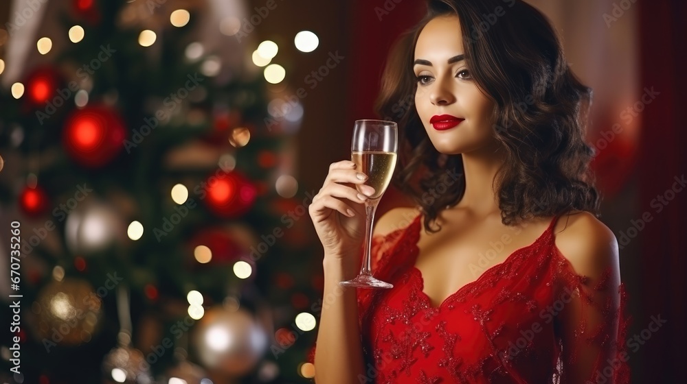 Christmas girl with wine glass in the living room with a decorated Christmas tree, beautiful women in a red dress with a glass of champagne in their hands