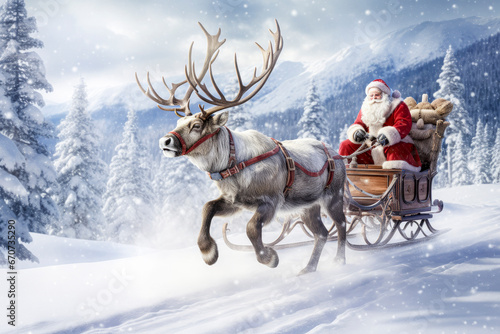 Santa claus riding sleigh with reindeer generative ai