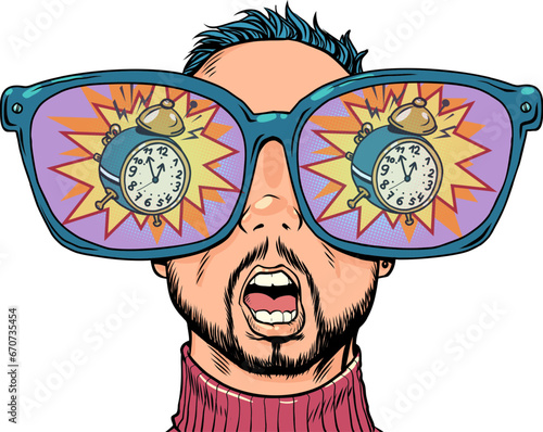 Staying late for an important event and realizing it too late. Huge glasses and reflection in them. A man with glasses looks at the alarm clock.