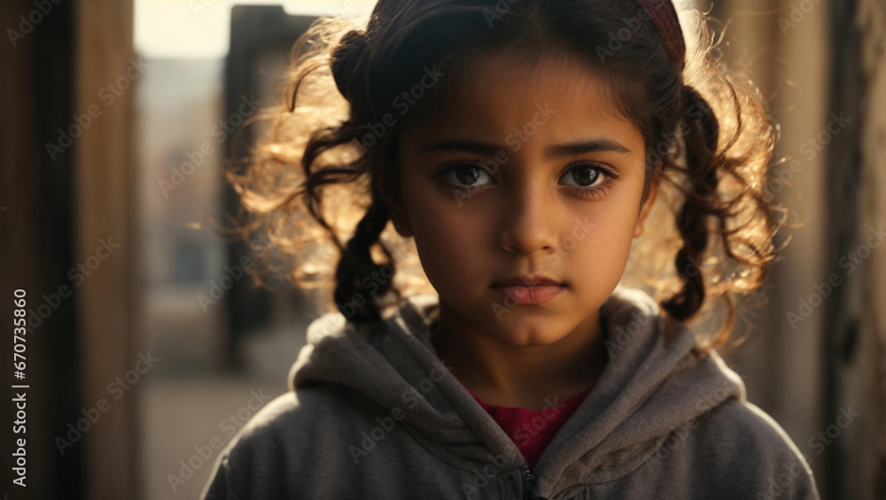 Close up portrait of a little arab girl with a serious face expression
