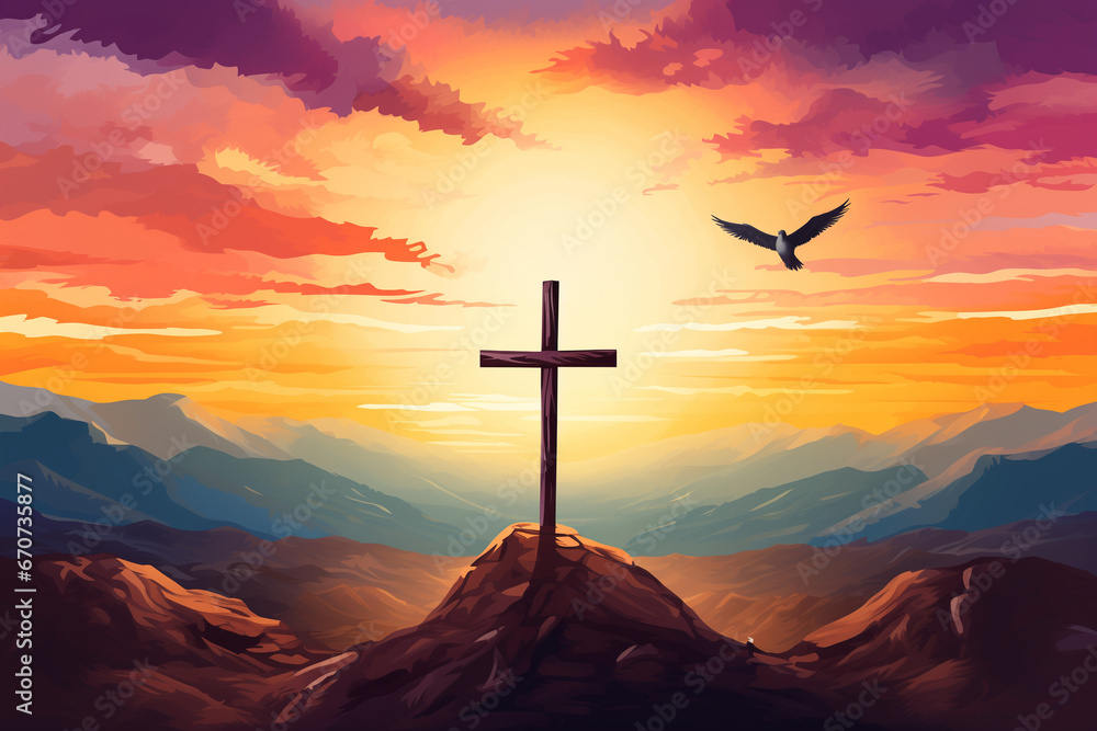 Holy cross symbolizing the death and resurrection of Jesus Christ shrouded in light and clouds at sunset - obrazy, fototapety, plakaty 