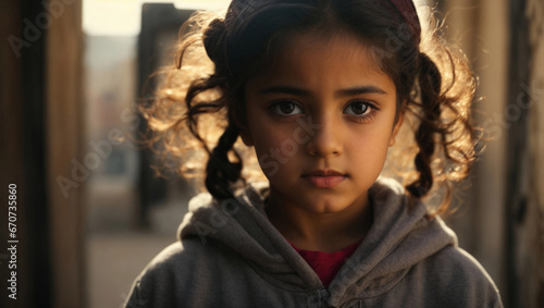 Close up portrait of a little arab girl with a serious face expression